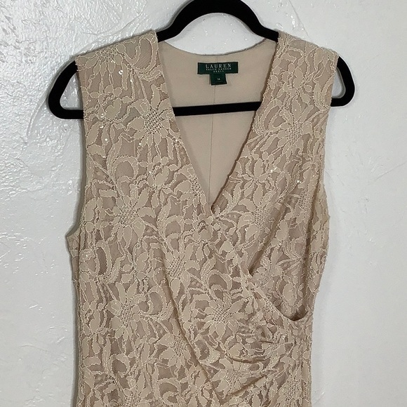 Lauren Ralph Lauren v neck floral lace side gather cream Nude midi dress size 14 - Picture 3 of 15